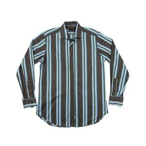 Etro Milano Button Down Shirt 40 Brown Blue Cotton Long Sleeves Striped Italy